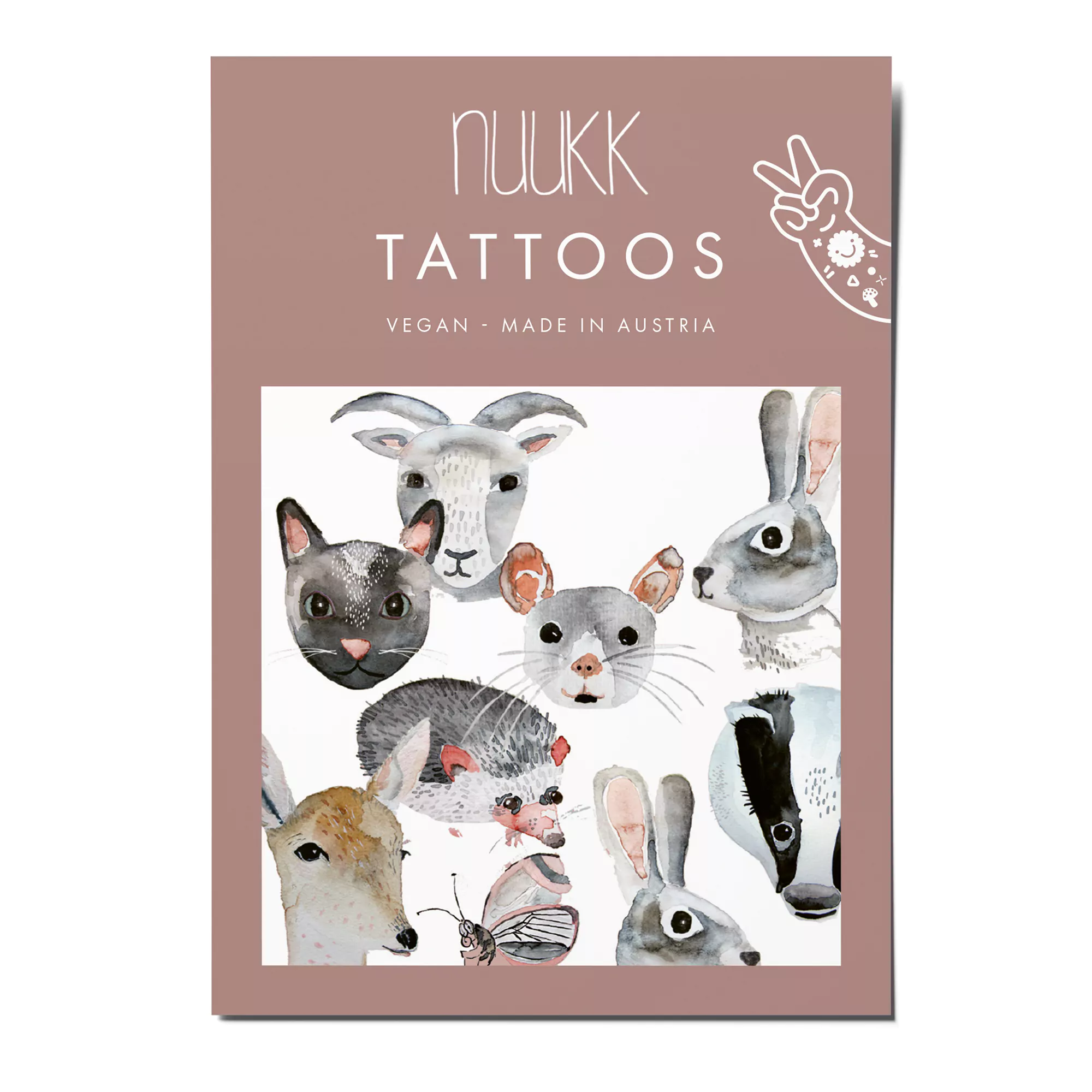 Nachhaltige nuukk Bio Kindertattoos / Tattoos, vegan, Motive: Dachs, Hase, Ziege, Maus, Reh, Igel, Katze. Tattoos Tierfreunde