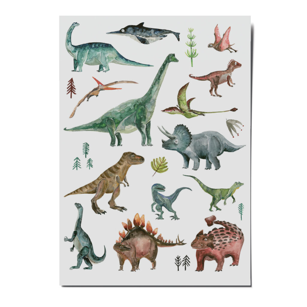 nuukk Bio Kindertattoos / Tattoos, vegan, Motive: Dinos, wie Triceratops, T-Rex, Brachiosaurus. Aquarellzeichnung von Halfbird
