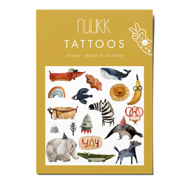 nuukk Bio Kindertattoos / Tattoos, vegan, Motive: Zebra, Wal, Dackel, Elefant, Tiere. Illustration: Halfbird