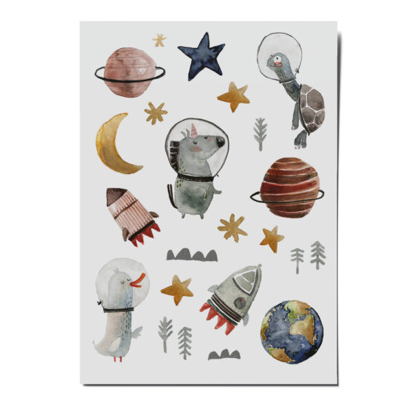 nuukk Bio Kindertattoos / Tattoos, vegan, Motiv: Space (Weltraum, Schildkröte, Pferd, Ente, Rakete, Sterne, Mond). Aquarellzeichnung von Halfbird
