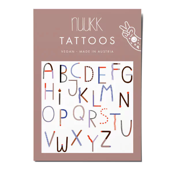 nuukk Bio Kindertattoos / Tattoos, vegan, Motive: ABC Buchstaben. Für die Schultüte und den Schulstart. Illustration: Anna Katharina Jansen