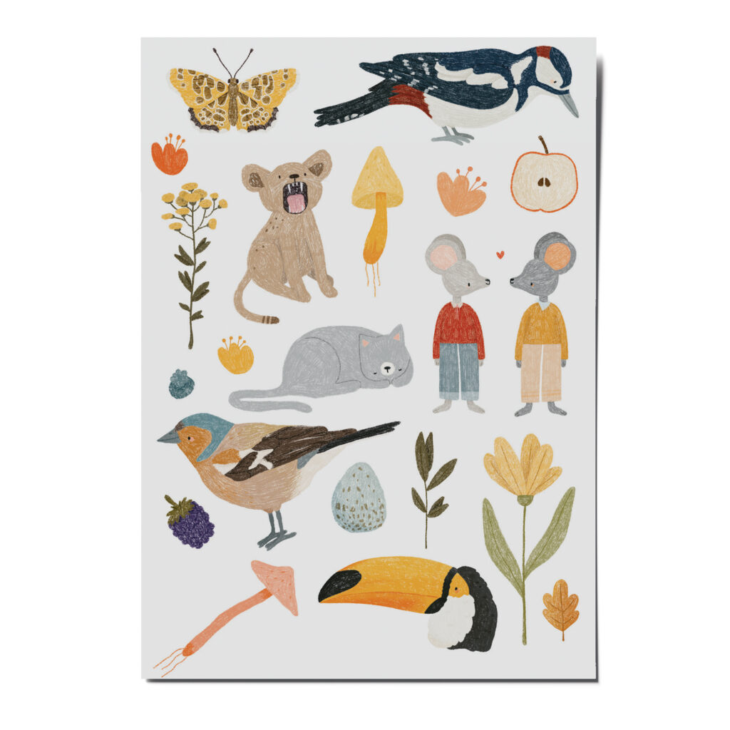 nuukk nachhaltige Kindertattoos “Kleiner Specht” mit Illustrationen von Lenja Lorkowski. Zeichnungen, Motive: Specht, Mäuse, kleiner Löwe, Schmetterling, Blumen und Katze