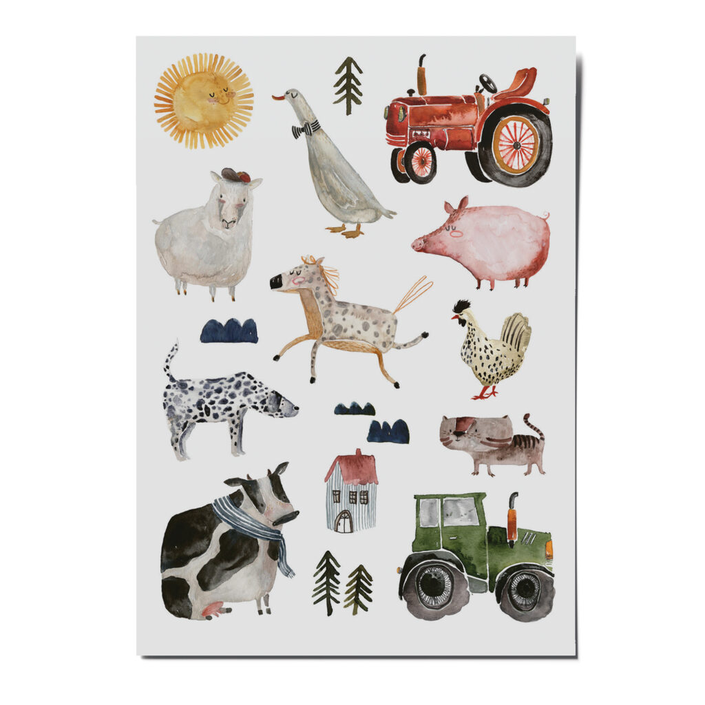 nuukk nachhaltige Kindertattoos “Bauernhof” mit Illustrationen von Halfbird Mona. Aquarellzeichnungen, Motive: Pferd, Gans, Schwein, Katze, Traktor, Hund