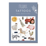 nuukk nachhaltige Kindertattoos “Bauernhof” mit Illustrationen von Halfbird Mona. Aquarellzeichnungen, Motive: Pferd, Gans, Schwein, Katze, Traktor, Hund