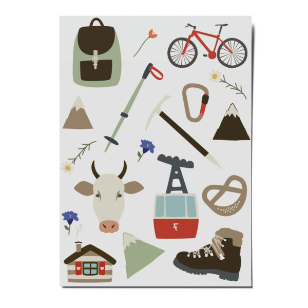 nuukk nachhaltige Kindertattoos “ Mountains” mit Illustrationen von Roadtyping mit Rucksack, Bergen, Gondel und Wanderstiefeln.