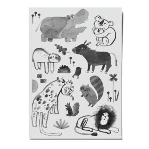 nuukk nachhaltige Kindertattoos “Nilpferd” mit Illustrationen von Karin Lubenau. Aquarellzeichnungen in Schwarz von Nilpferd, Löwe, Waschbär, Koala, Eichhörnchen