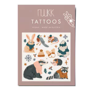 nuukk nachhaltige Kindertattoos “Mützen und Handschuhe” mit Illustrationen von Elena Comte. Winterliche Motive mit Hase, Dachs, Waschbaer und Igel