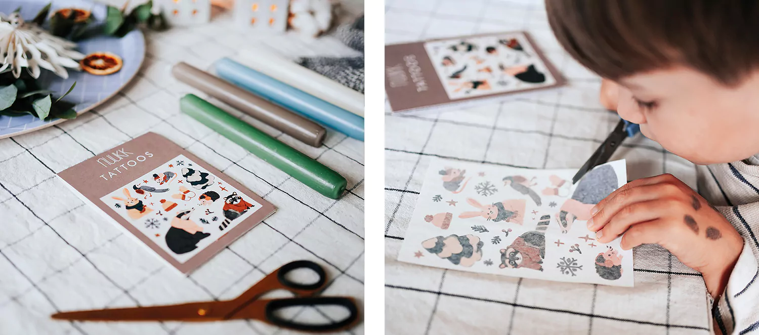 kerzentattoos-feuerundflamme-nuukk-blog-diy-bild1 nuukk Kindertattoos mit Weihnachtsmotiven zum Verzieren von Kerzen, Kerzen verzieren, Kerzen dekorieren. Motive: Dachs, Hase, Maus, Weihnachten, Igel, Waschbär
