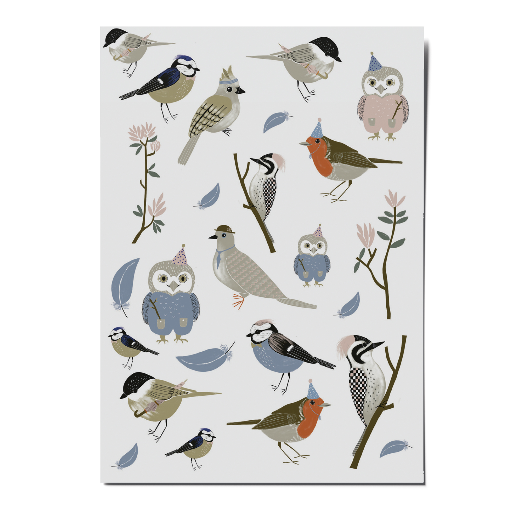 nuukk nachhaltige Kindertattoos “Vögel”: eine illustrierte Vogelschar mit Eule, Taube, Meise, Rotkehlchen, Spatz und Specht