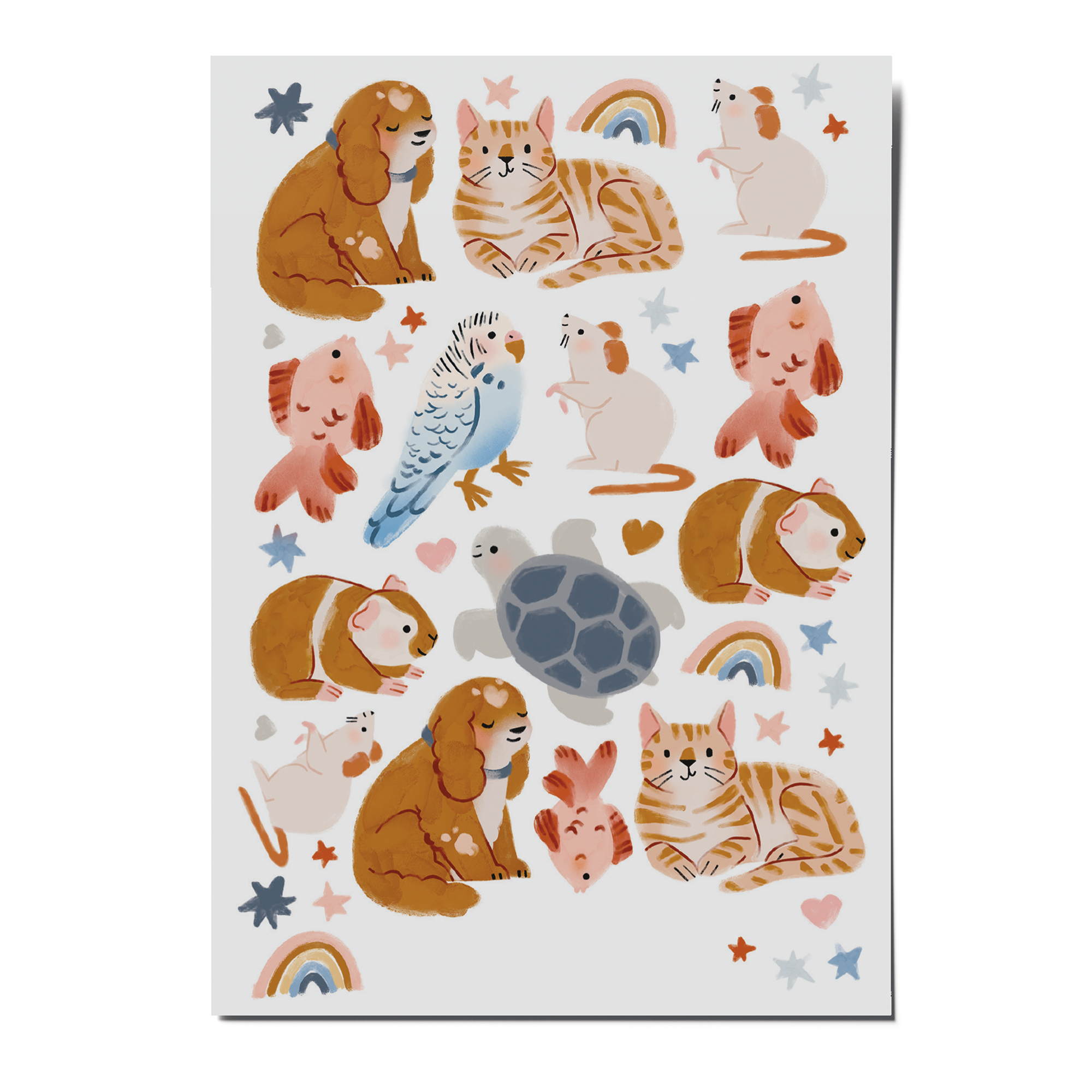 nuukk nachhaltige Kindertattoos “ Haustiere”: mit Illustrationen von Elena Comte. Süße Motive, wie Wellensittich, Hund, Katze, Maus, Haustiere, Meerschweinchen