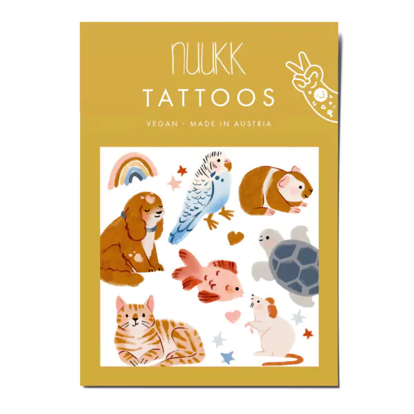 nuukk nachhaltige Kindertattoos “ Haustiere”: mit Illustrationen von Elena Comte. Süße Motive, wie Wellensittich, Hund, Katze, Maus, Haustiere, Meerschweinchen