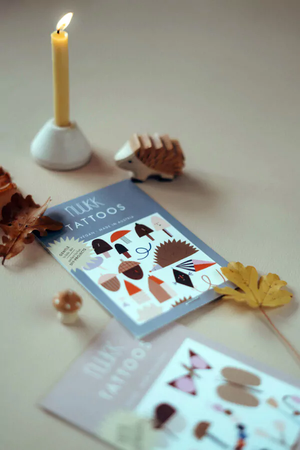 nuukk Bio Kindertattoos / Tattoos, vegan, Motive: Igel, Pilze, Eichel, Drache, Herbstliche Geschenke, Herbst