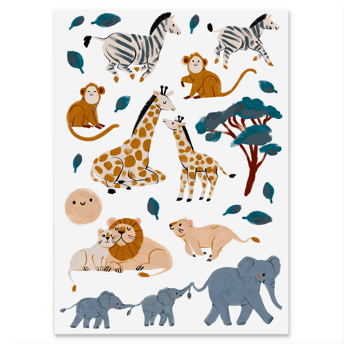 nuukk Postkarte aus Holzschliffpappe Safari mit Giraffe Affe Elefant Löwe Zebra