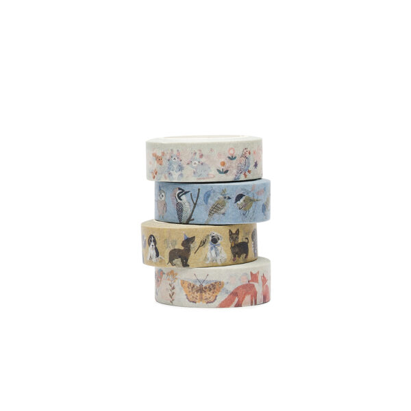 washi tape stapel, viele klebebaender, ,motive: hunde, little piep, voegel, fruehlingstiere