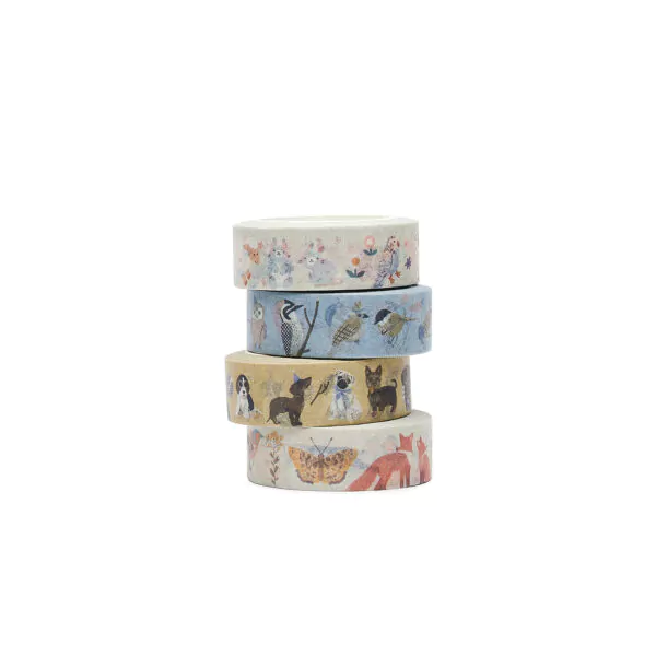 Washi Tape Stapel, viele Masking Tapes, Motive: Hunde, Vögel, Hasen, Schmetterling, Fuchs