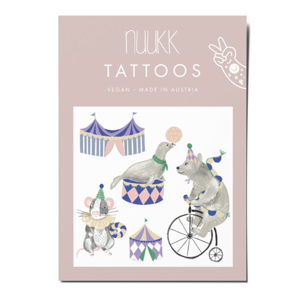 nuukk nachhaltige Kindertattoos “Zirkus”: mit niedlichen Illustrationen, wie Bär, Maus, Robbe und Zirkuszelt