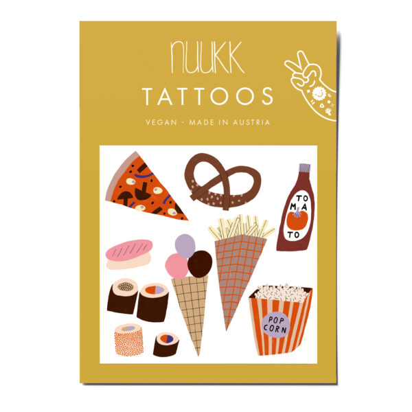 nuukk nachhaltige Kindertattoos “Fastfood”: mit Illustrationen von Anna Katharina Jansen. Popcorn, Pommes, Ketchup, Pizza, Breze, Eis, Sushi