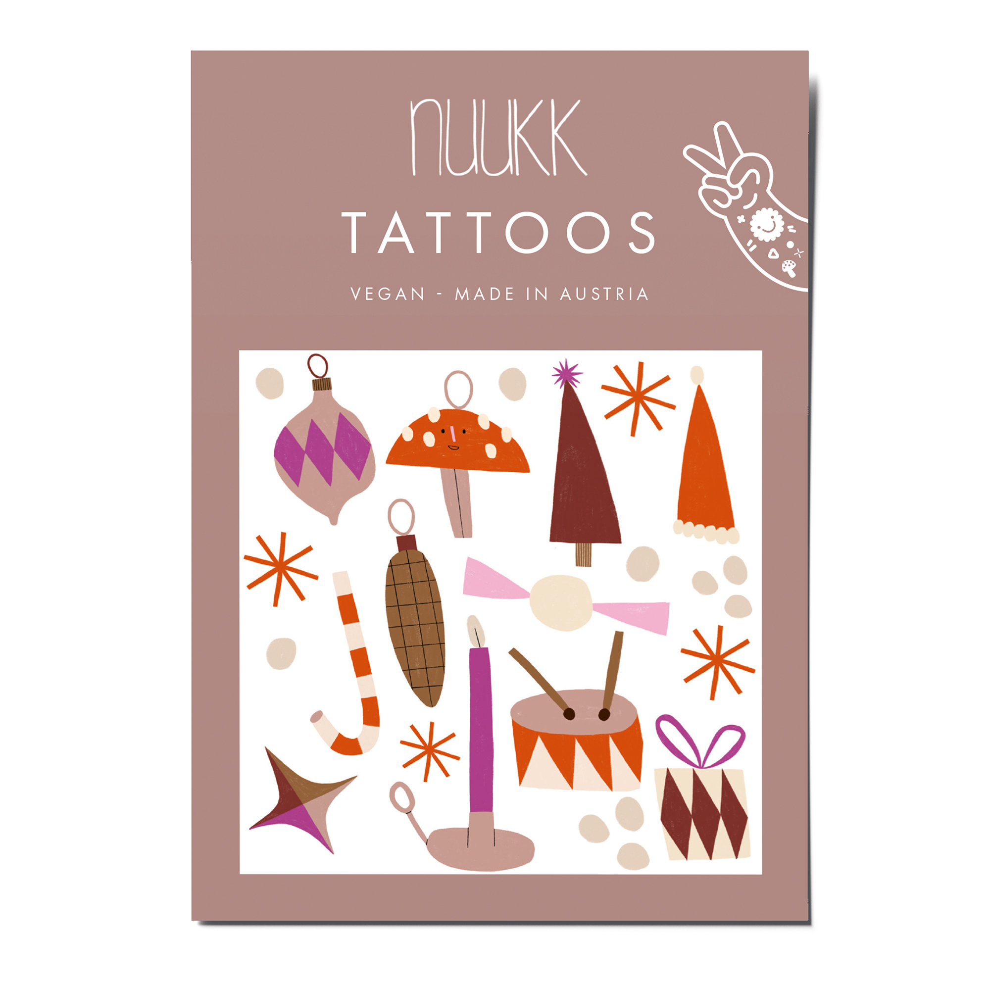 nuukk nachhaltige Kindertattoos “ Weihnachten”: mit festlichen Illustrationen von Anna Katharina Jansen. Perfekt für den Adventskalender mit folgende Motiven: Weihnachtsschmuck, Christbaumkugel, Zuckerkringel, Trommel, Kerze, Geschenk, Stern