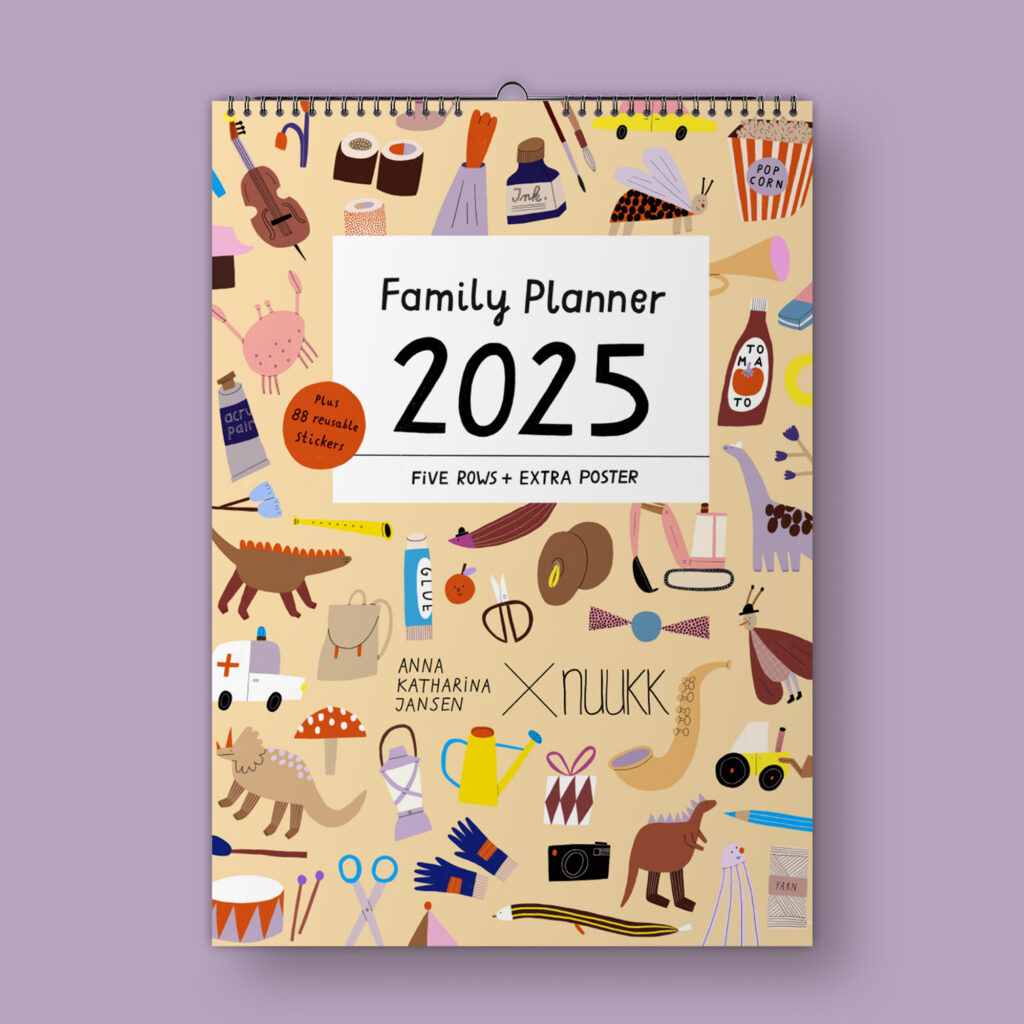 2025 Familienplaner, Familienkalender von nuukk mit Illustrationen von Anna Katharina Jansen. Bunte Kindermotive