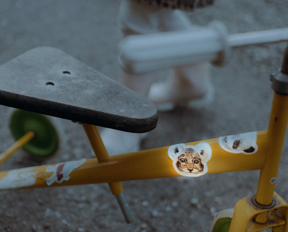 Reflektierende Sticker mit Löwe und Panda auf Kinderfahrrad.