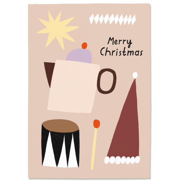 Postkarte „Merry Christmas“ mit Stern, Trimmel und Nikolausmütze aus Holzschliffpappe mit Illustration von Anna Katharina Jansen