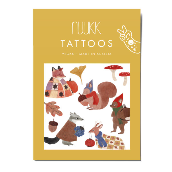 Tattoos "Waldbewohner", Kindertattoos mit Waldtier-Motiven: Fuchs, Bär, Dachs, Reh, Eichhörnchen