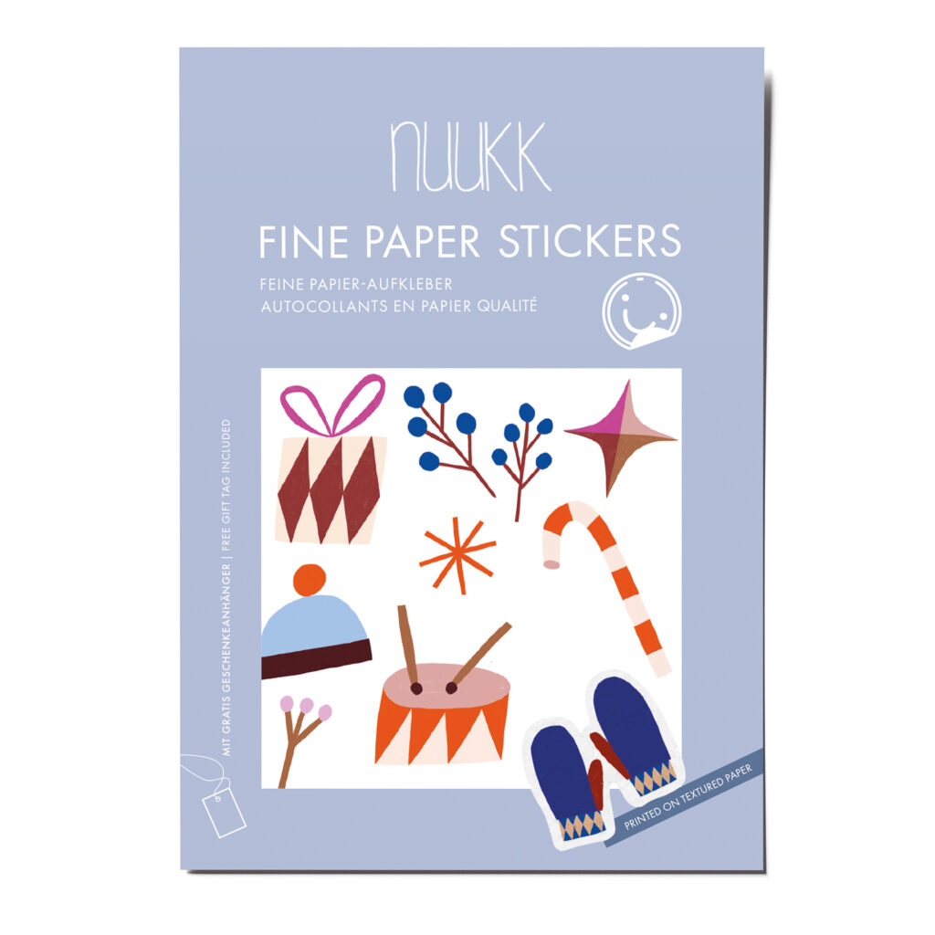 Feine Papieraufkleber Stickerbogen, Aufkleberset "Winter": Schneemann, Zuckerkringel, Sterne, Trommel, Mütze, Geschenk