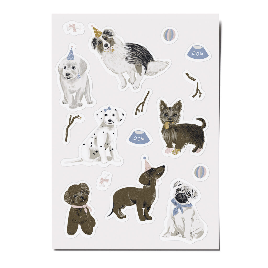 Feine Papieraufkleber Stickerbogen, Aufkleberset "Hunde": Pudel, Dackel, Mops