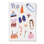 Feine Papieraufkleber Stickerbogen, Aufkleberset "Winter": Schneemann, Zuckerkringel, Sterne, Trommel, Mütze, Geschenk