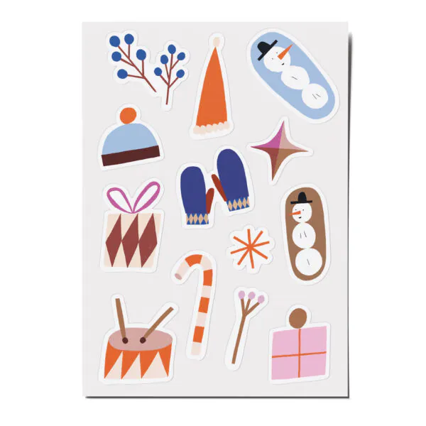 Feine Papieraufkleber Stickerbogen, Aufkleberset "Winter": Schneemann, Zuckerkringel, Sterne, Trommel, Mütze, Geschenk