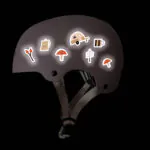 Reflektierende Sticker “ Outdoor”. Reflektierende Aufkleber auf Fahrradhelm. Motive: Wohnwagen, Fliegenpilz, Baum, Tasse, Zelt, Rucksack