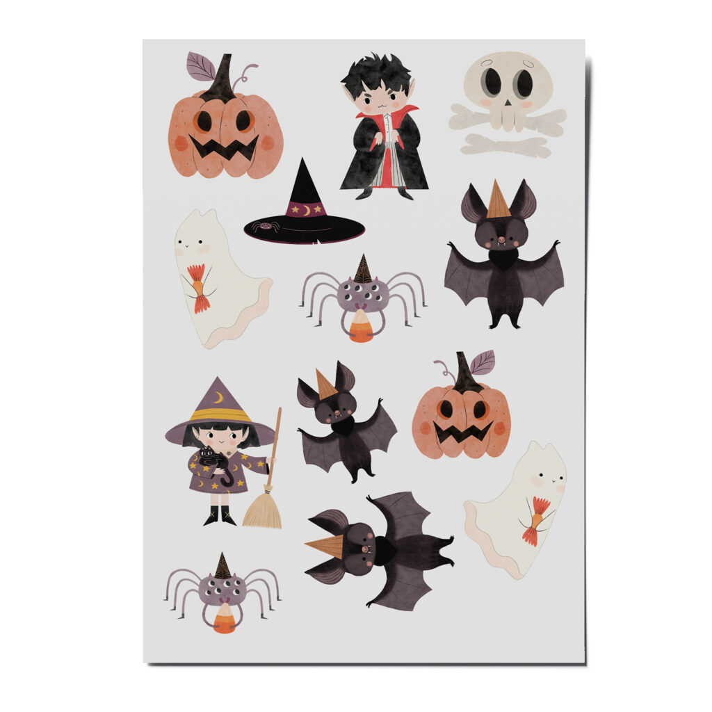 Tattoos Halloween, Kindertattoos, Fledermaus, Spinne, Vampir, Hexe, Gespenst, Kürbis, Totenkopf, Melinda Berti