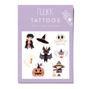Tattoos Halloween, Kindertattoos, Fledermaus, Spinne, Vampir, Hexe, Gespenst, Kürbis, Totenkopf, Melinda Berti