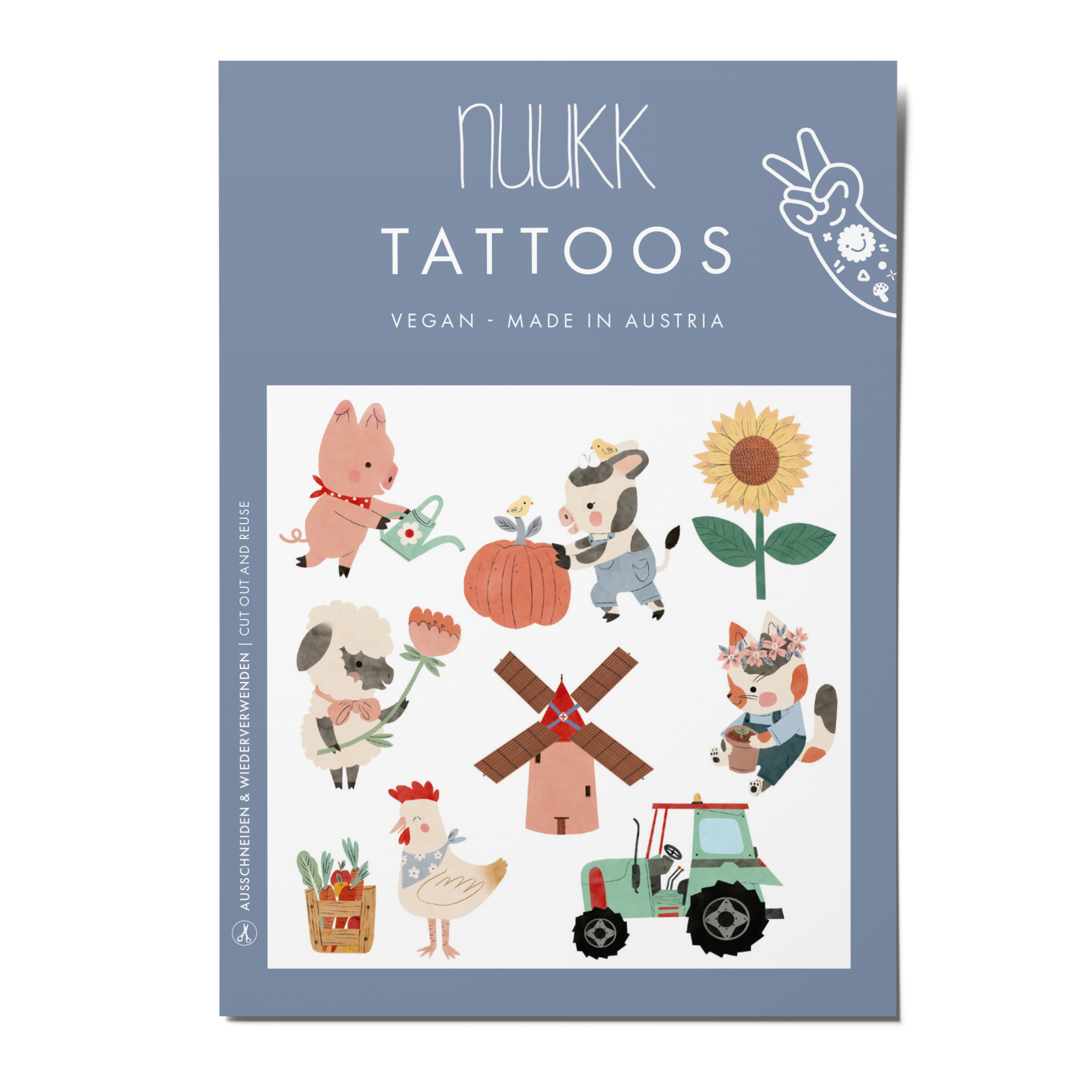 Kindertattoos Bauernhof, Tattoos Bauernhof, ohne Talc, one BHA, ohne PTFE, Schwein, Kuh, Lamm, Traktor, Katze, Sonnenblume, Huhn, Kindertattoos Bauernhof