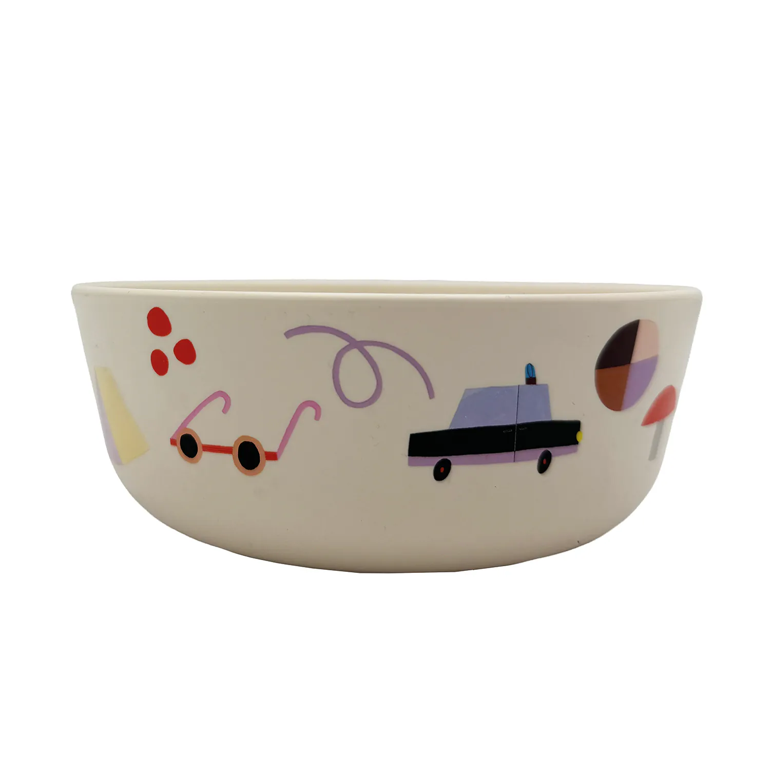 Kinderschüssel Happy, Polizeiauto, Ball, Sonnenbrille, Pilz, rPET lebensittelsicher, LFGB, EU-Standards