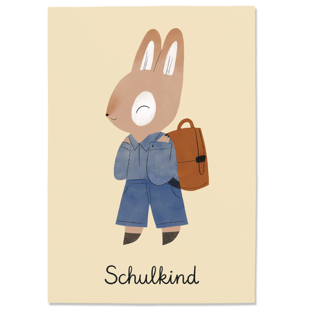 Postkarte "Schulkind" mit süßer Hasen-Illustration. Zur Einschulung, zum ersten Schultag. Auf dicker Holzschliffpappe gedruckt